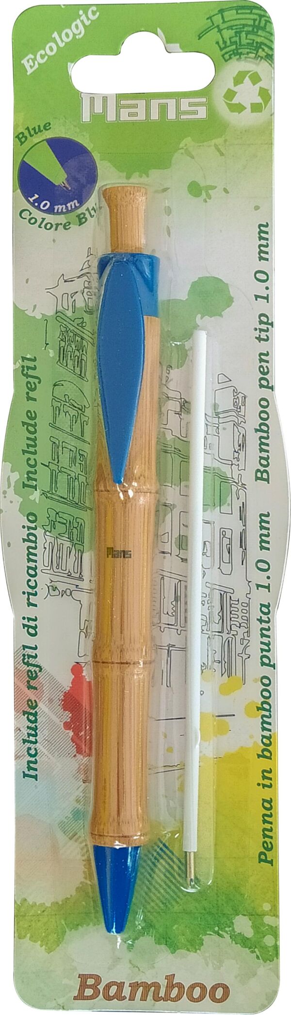 PENNA IN BAMBOO C/CLIP E PUNTA IN PL RICICLATA  BLU  REFIL BLU