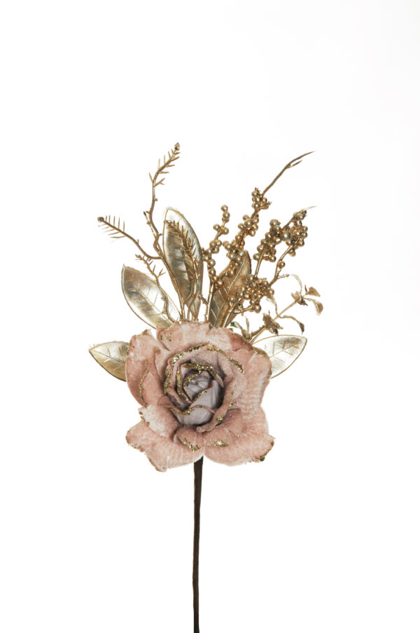 DOUBLE VELVET ROSE AL PZ  HAND-WRAPPED PICK W/METT.BERRIES 40CM LIGHT PINK