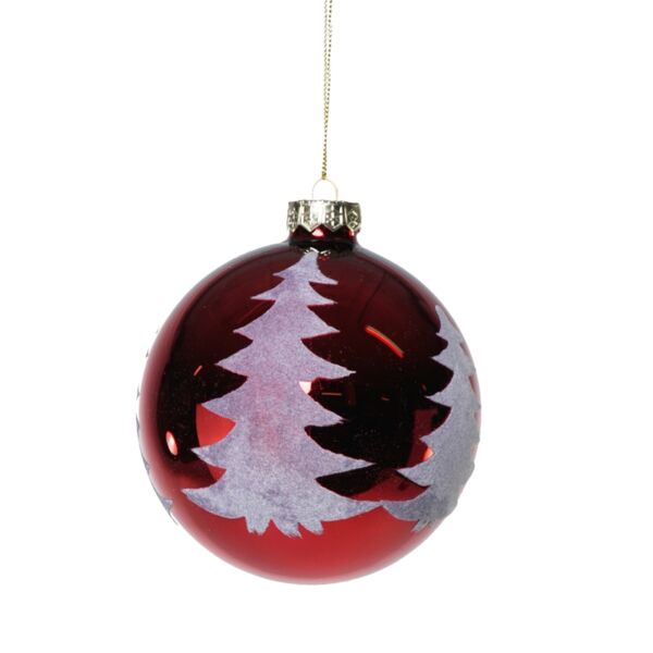 PALLA ROSSA IN VETRO CON DECORAZIONE ALBERO FLOCCATO D. 8 CM