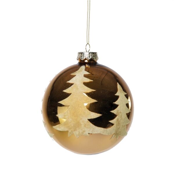 PALLA ORO IN VETRO CON DECORAZIONE ALBERO FLOCCATO D. 8 CM